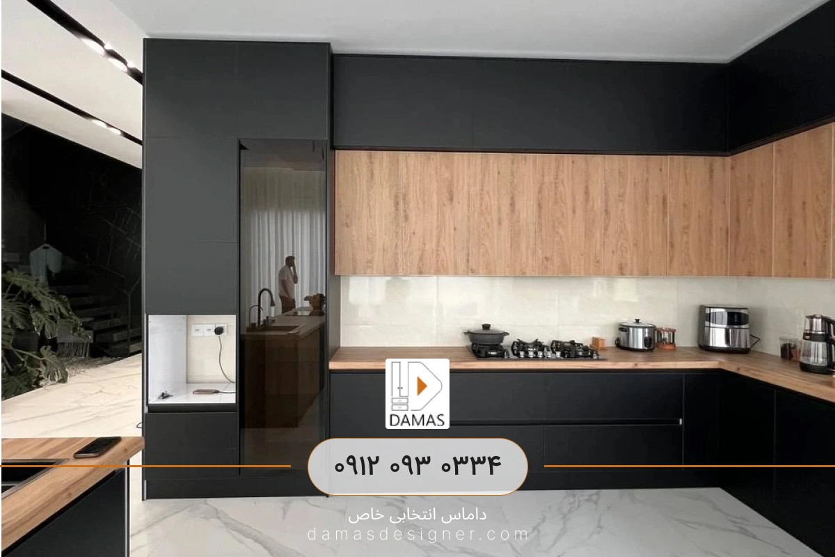 سفارش کابینت مدرن مشکی و طرح چوب در کرج